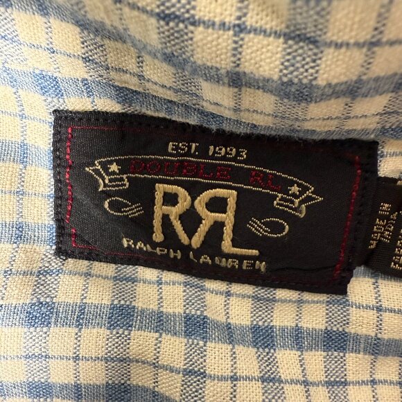 Double RL Ralph Lauren Short Sleeve Blue & White Check Linen Blend Size Large - Picture 2 of 15